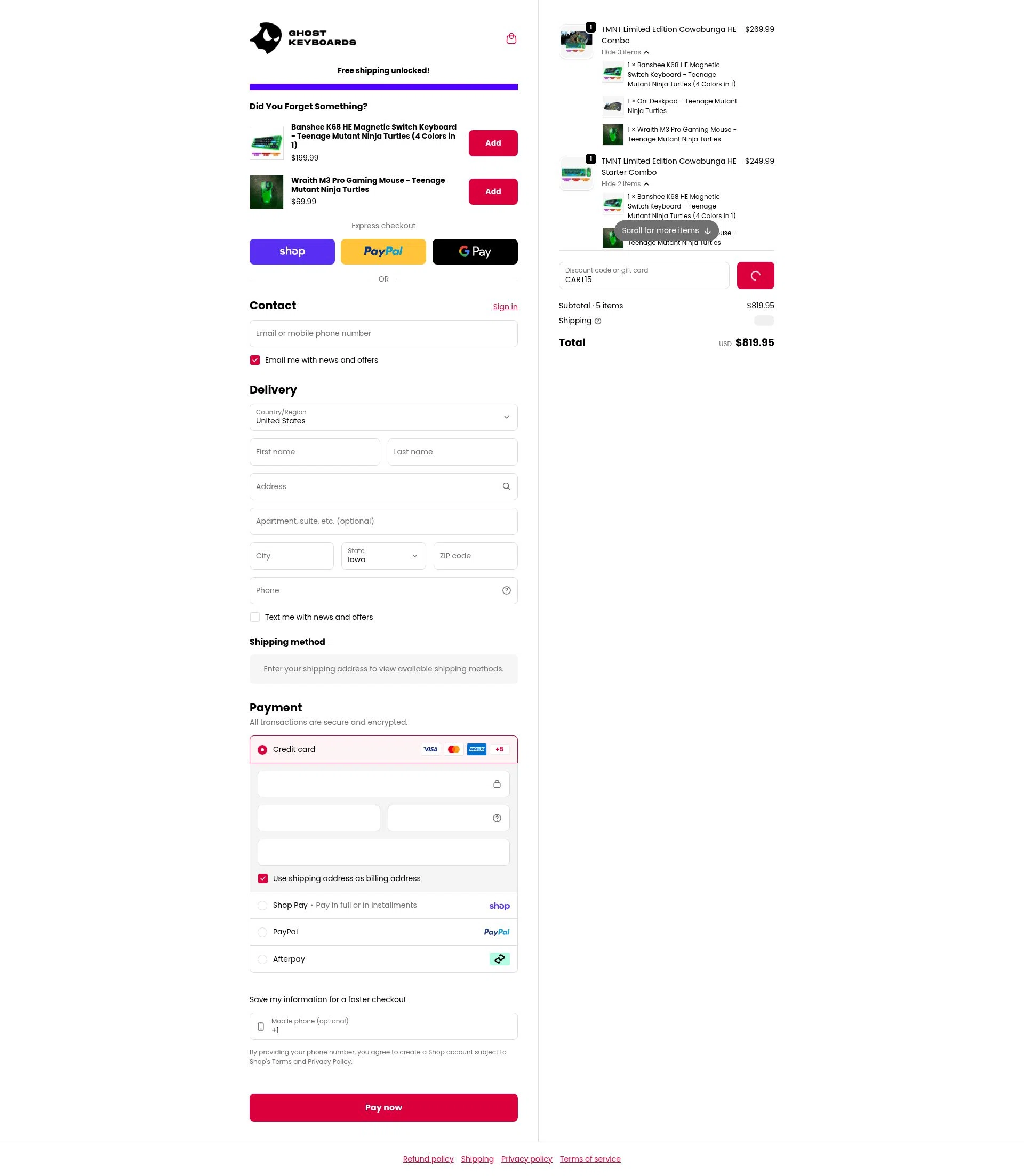 Ghost Keyboards checkout page showing Ghost Keyboards discount code box | Screenshot taken by SimplyCodes community member on Jan 31, 2026