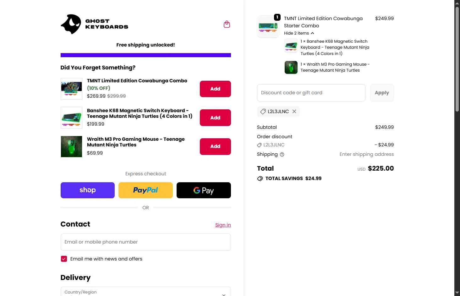 Ghost Keyboards checkout page showing Ghost Keyboards discount code box | Screenshot taken by SimplyCodes community member on Jan 20, 2026