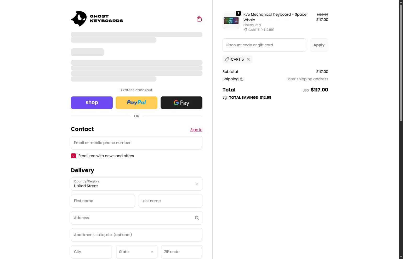 Ghost Keyboards checkout page showing Ghost Keyboards discount code box | Screenshot taken by SimplyCodes community member on Feb 9, 2026