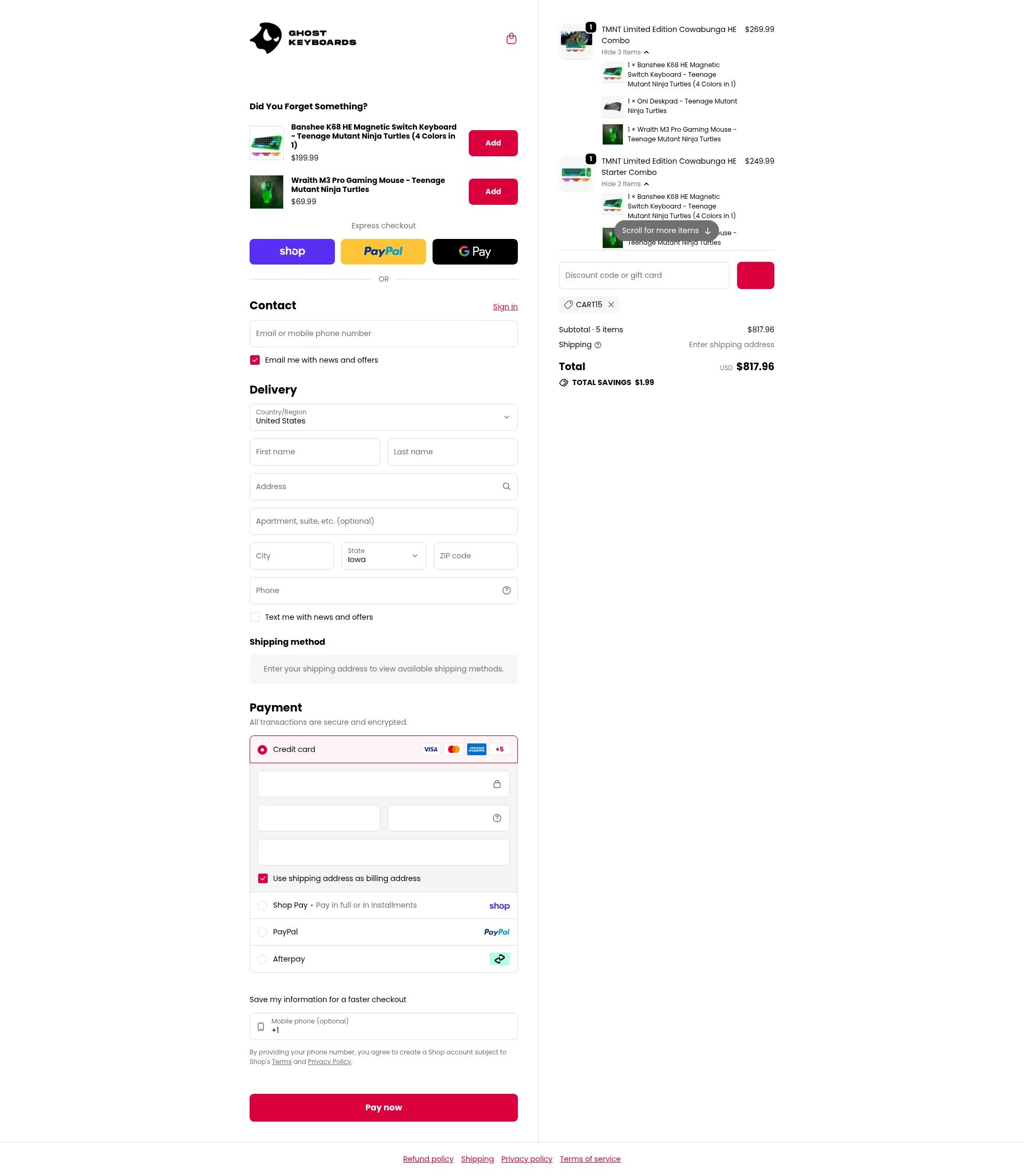 Ghost Keyboards checkout page showing Ghost Keyboards discount code box | Screenshot taken by SimplyCodes community member on Feb 9, 2026