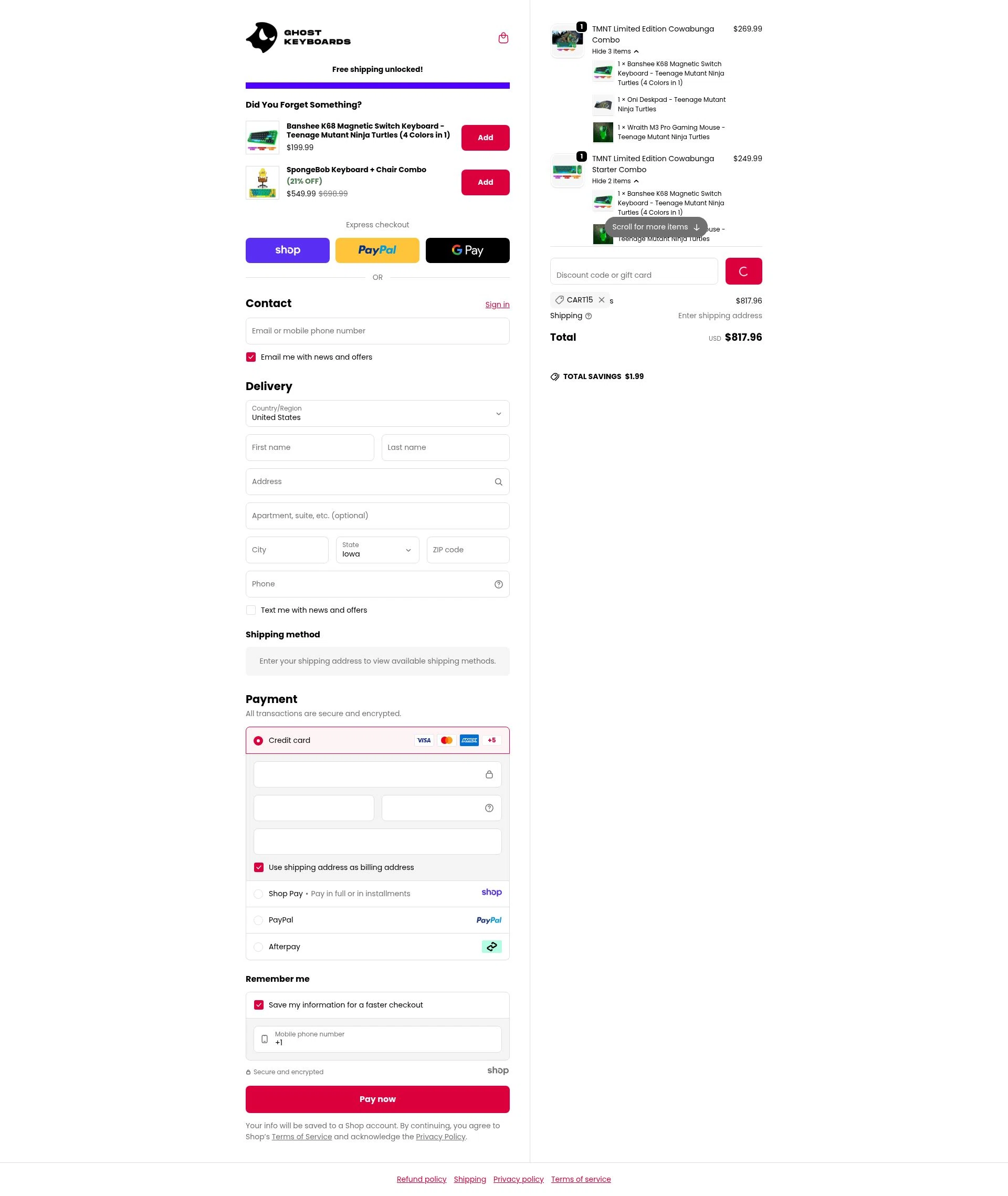 Ghost Keyboards checkout page showing Ghost Keyboards discount code box | Screenshot taken by SimplyCodes community member on Jan 17, 2026