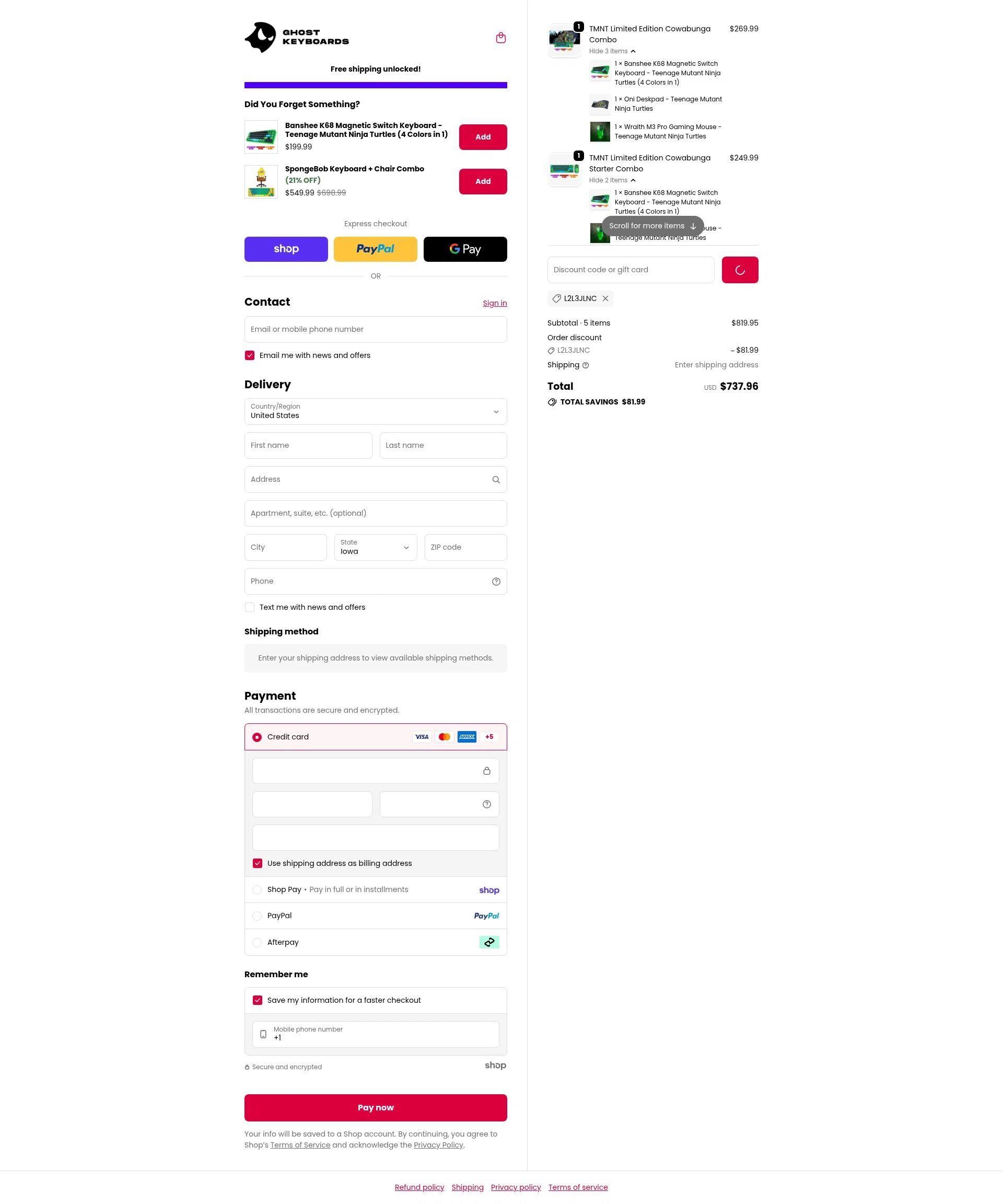 Ghost Keyboards checkout page showing Ghost Keyboards discount code box | Screenshot taken by SimplyCodes community member on Jan 22, 2026