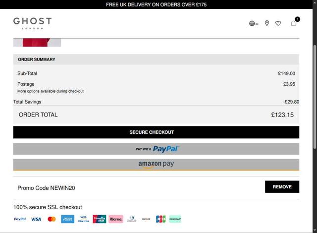 Ghost London checkout page showing Ghost London promo code box | Screenshot taken by SimplyCodes community member on Sep 11, 2025