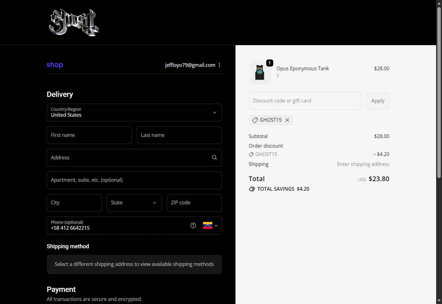 Ghost Store checkout page showing Ghost Store discount code box | Screenshot taken by SimplyCodes community member on Nov 24, 2025