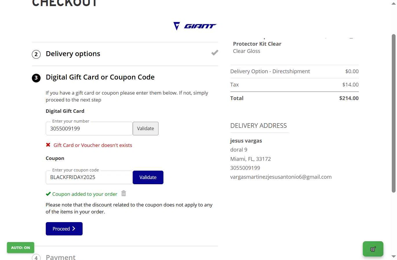 Giant Bicycles checkout page showing Giant Bicycles coupon code box | Screenshot taken by SimplyCodes community member on Nov 28, 2025