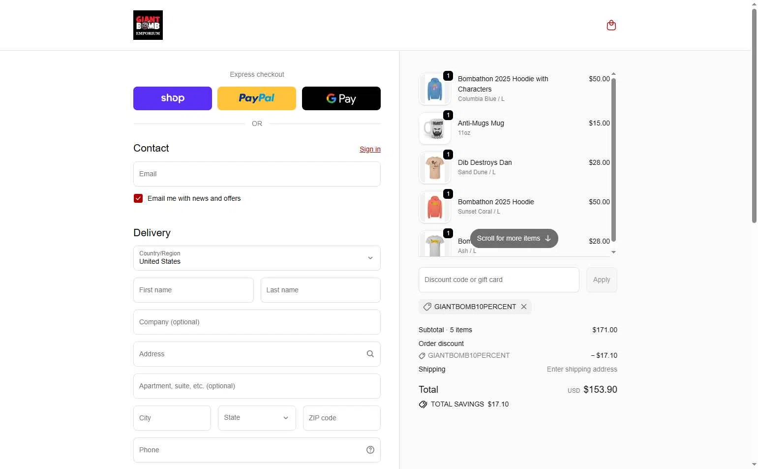Giant Bomb checkout page showing Giant Bomb promo code box | Screenshot taken by SimplyCodes community member on Nov 6, 2025