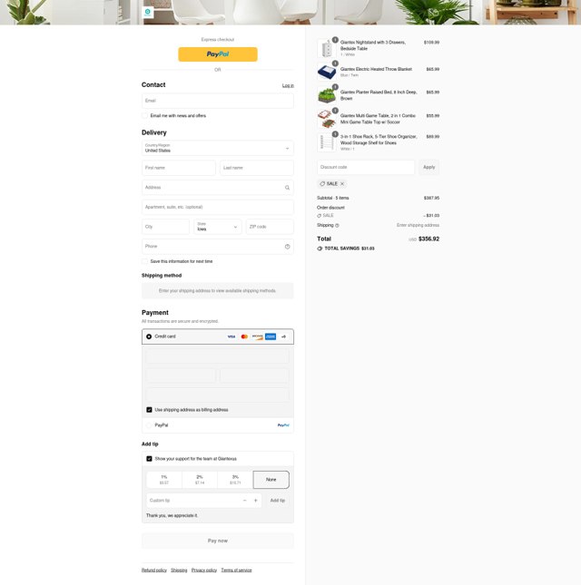 Giantex checkout page showing Giantex discount code box | Screenshot taken by SimplyCodes community member on Sep 4, 2025