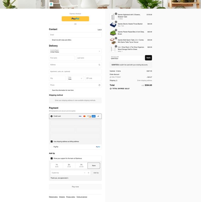 Giantex checkout page showing Giantex discount code box | Screenshot taken by SimplyCodes community member on Sep 4, 2025