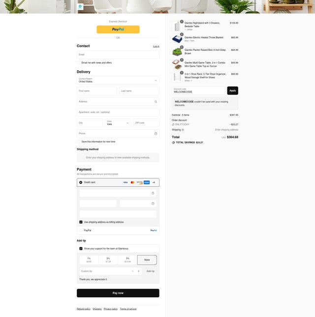 Giantex checkout page showing Giantex discount code box | Screenshot taken by SimplyCodes community member on Aug 30, 2025