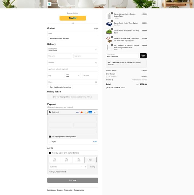 Giantex checkout page showing Giantex discount code box | Screenshot taken by SimplyCodes community member on Sep 4, 2025