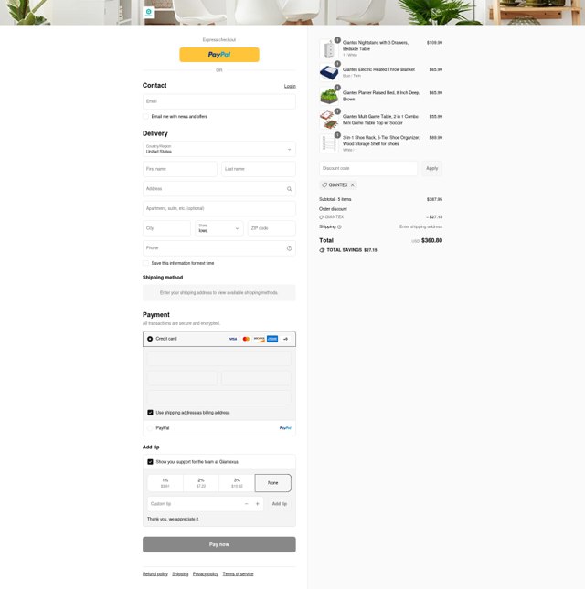 Giantex checkout page showing Giantex discount code box | Screenshot taken by SimplyCodes community member on Sep 4, 2025