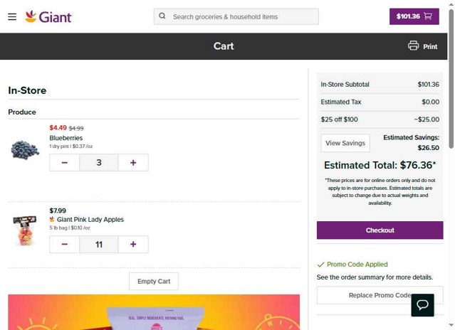 Giant Food checkout page showing Giant Food promo code box | Screenshot taken by SimplyCodes community member on May 17, 2025