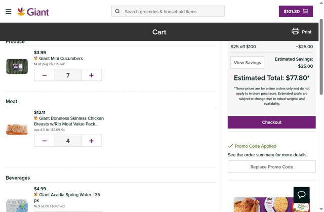 Giant Food checkout page showing Giant Food promo code box | Screenshot taken by SimplyCodes community member on Jul 7, 2025