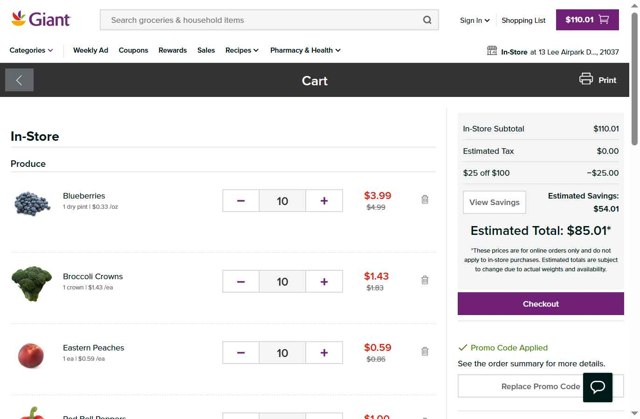 Giant Food checkout page showing Giant Food promo code box | Screenshot taken by SimplyCodes community member on Jul 29, 2025