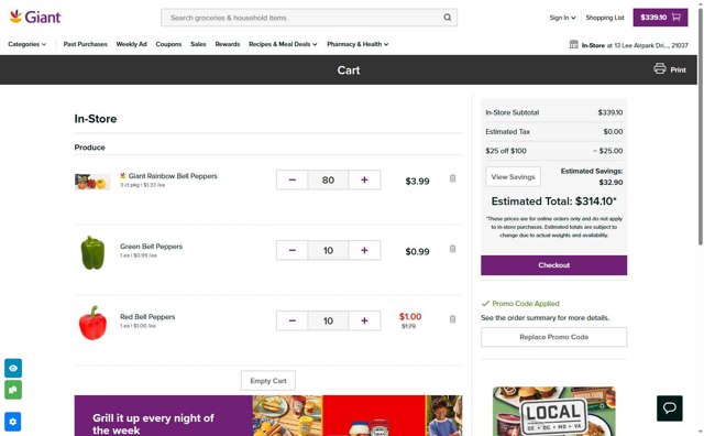 Giant Food checkout page showing Giant Food promo code box | Screenshot taken by SimplyCodes community member on Aug 27, 2025