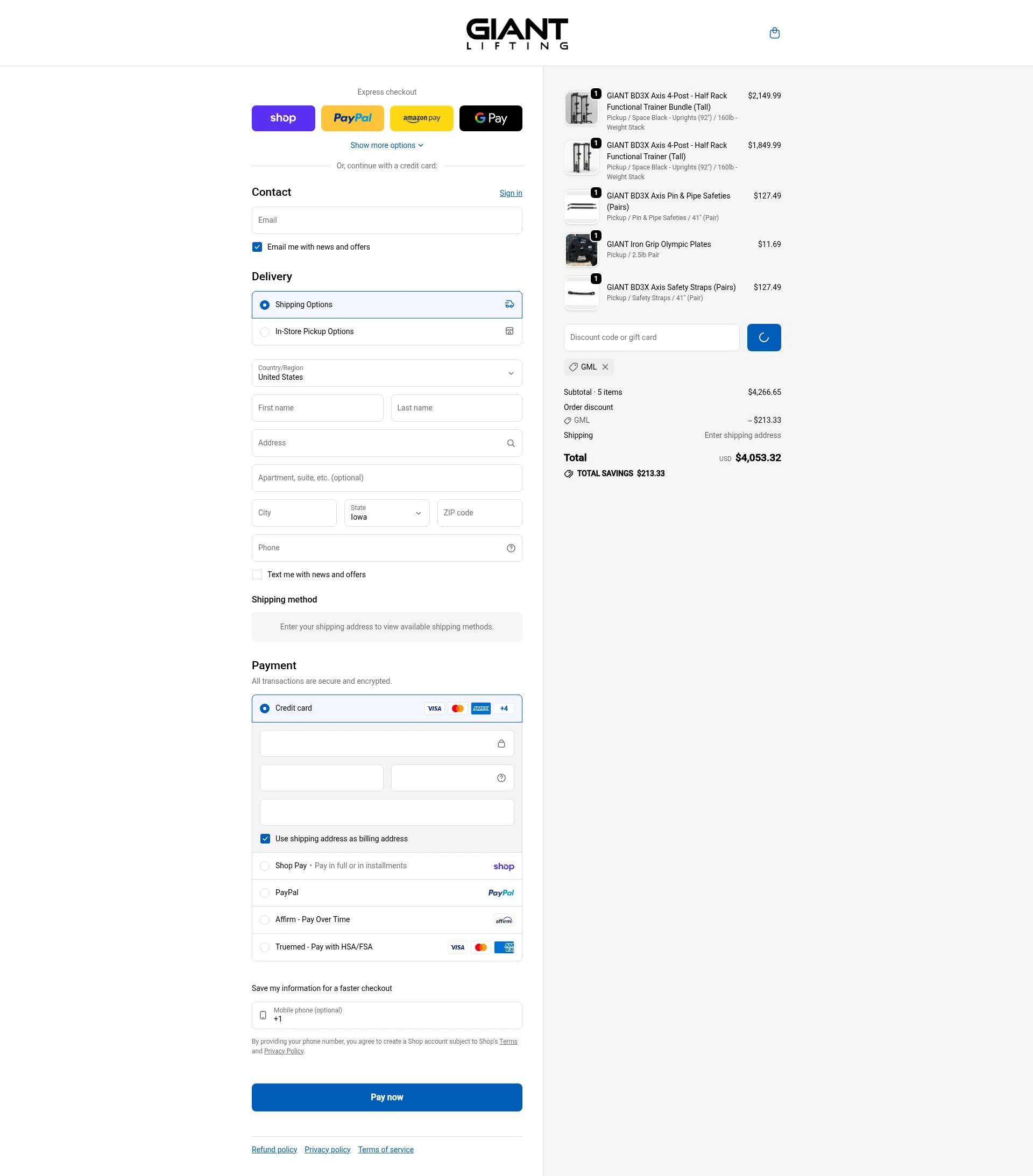 Giant Lifting checkout page showing Giant Lifting discount code box | Screenshot taken by SimplyCodes community member on Feb 10, 2026