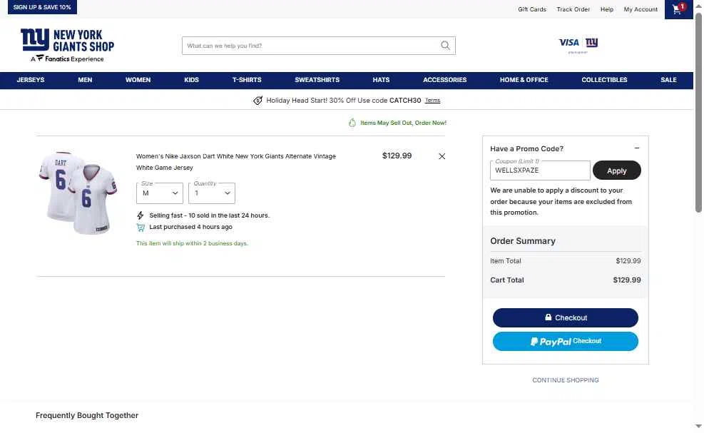 Giants checkout page showing Giants promo code box | Screenshot taken by SimplyCodes community member on Nov 17, 2025