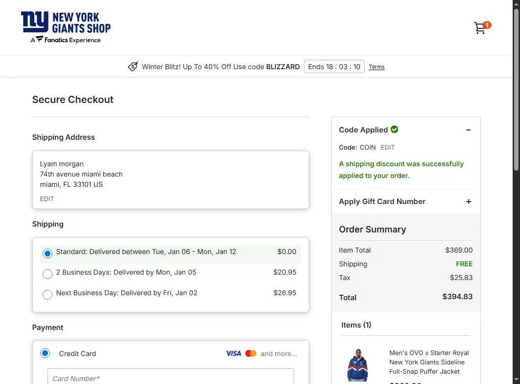 Giants checkout page showing Giants promo code box | Screenshot taken by SimplyCodes community member on Dec 31, 2025