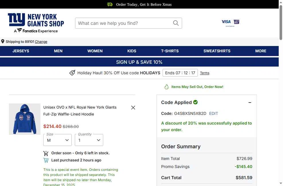 Giants checkout page showing Giants promo code box | Screenshot taken by SimplyCodes community member on Dec 8, 2025