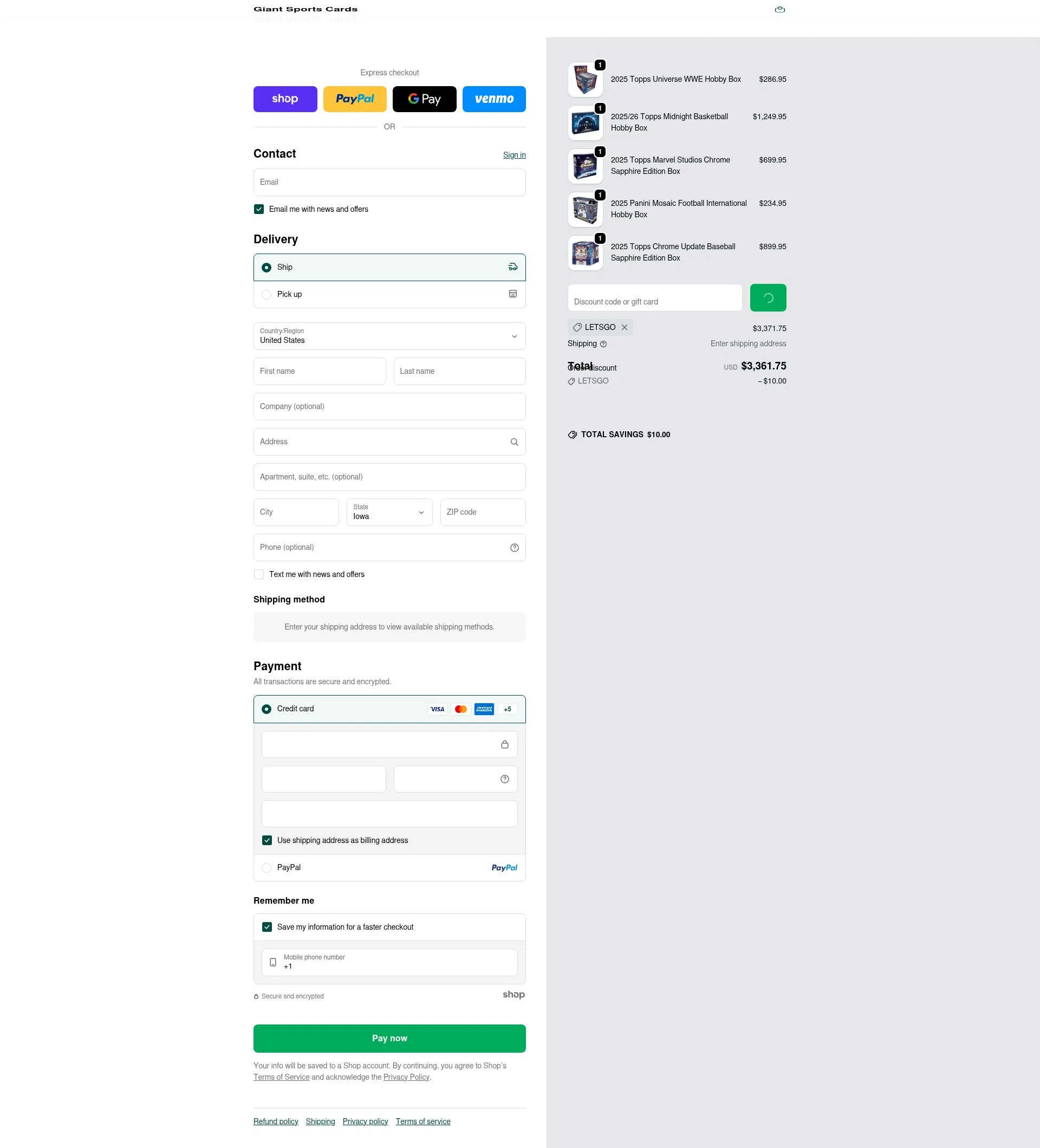 Giant Sports Cards checkout page showing Giant Sports Cards discount code box | Screenshot taken by SimplyCodes community member on Jan 29, 2026