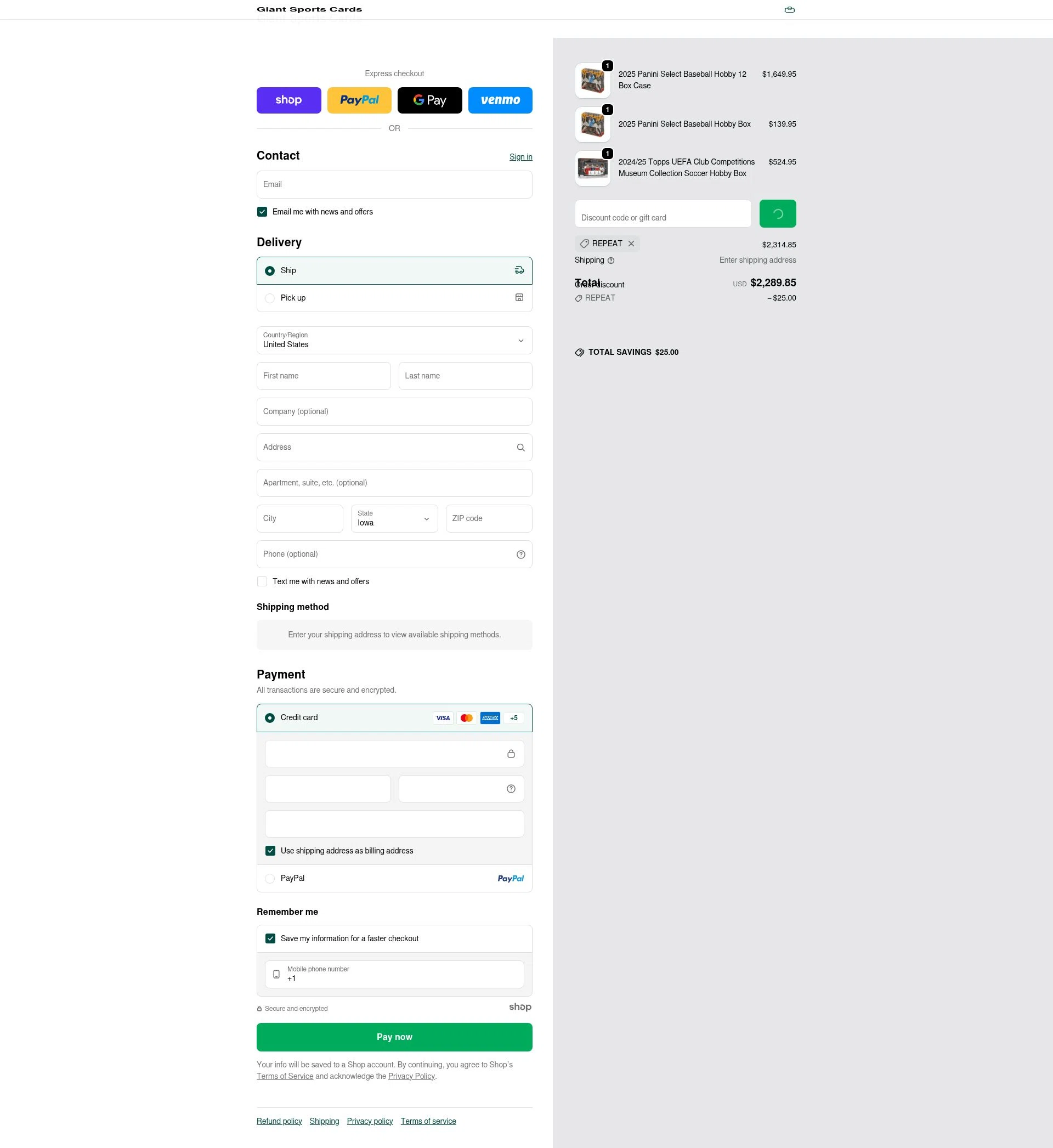 Giant Sports Cards checkout page showing Giant Sports Cards discount code box | Screenshot taken by SimplyCodes community member on Jan 20, 2026