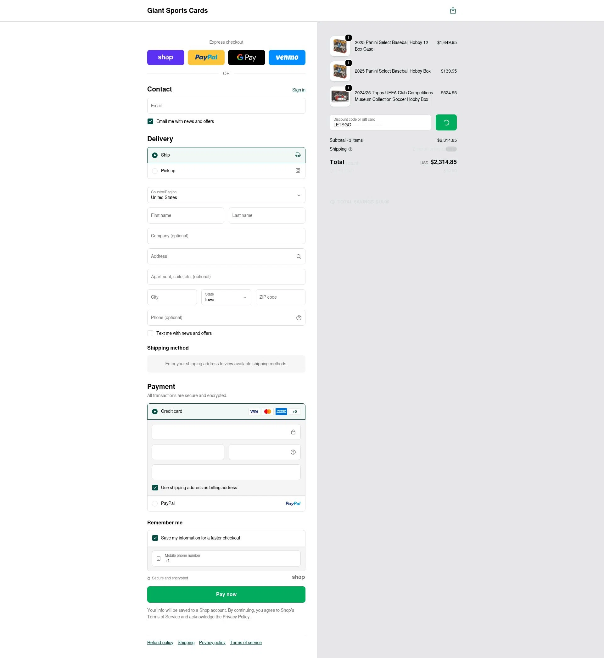 Giant Sports Cards checkout page showing Giant Sports Cards discount code box | Screenshot taken by SimplyCodes community member on Jan 20, 2026