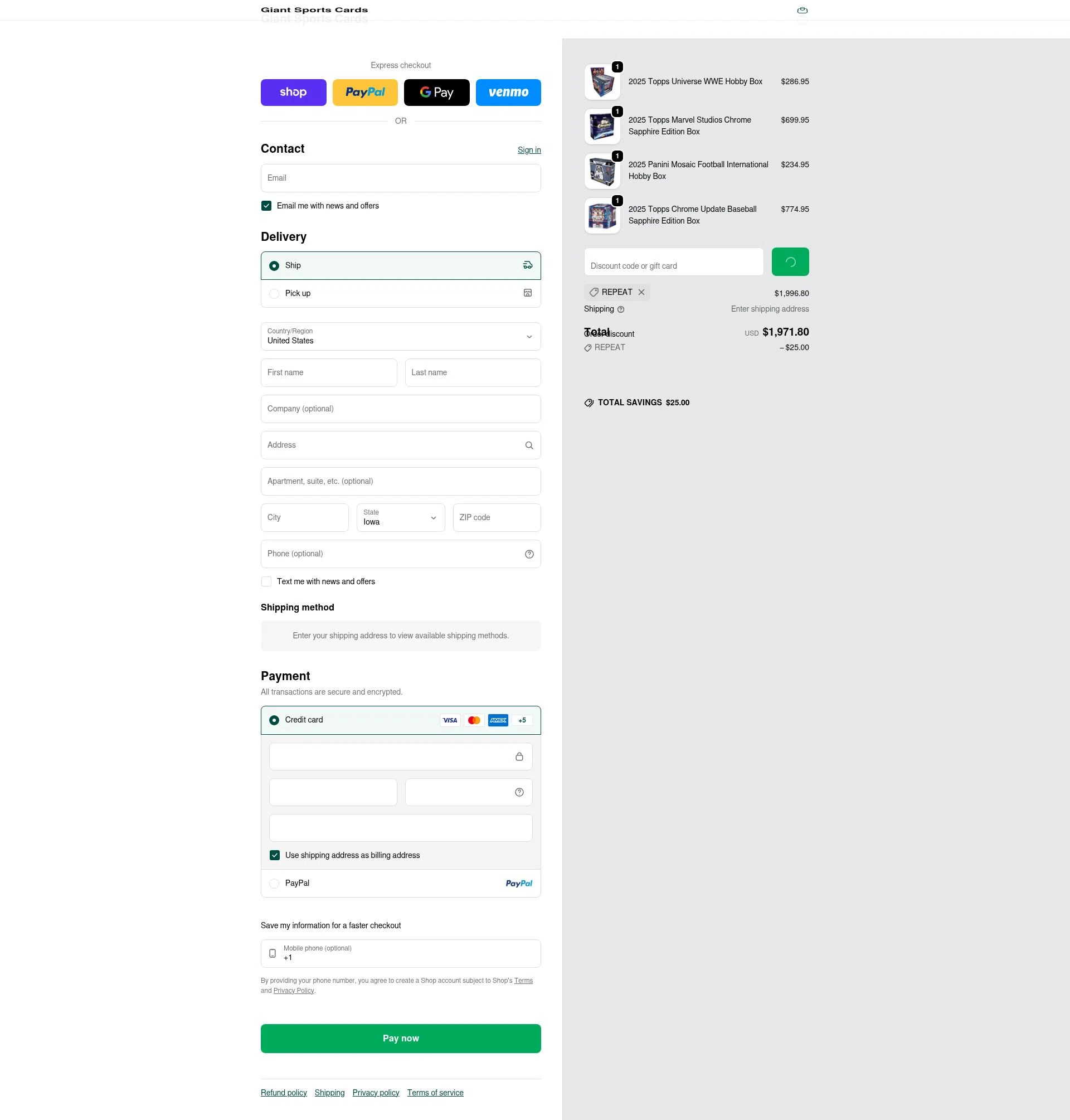 Giant Sports Cards checkout page showing Giant Sports Cards discount code box | Screenshot taken by SimplyCodes community member on Feb 3, 2026