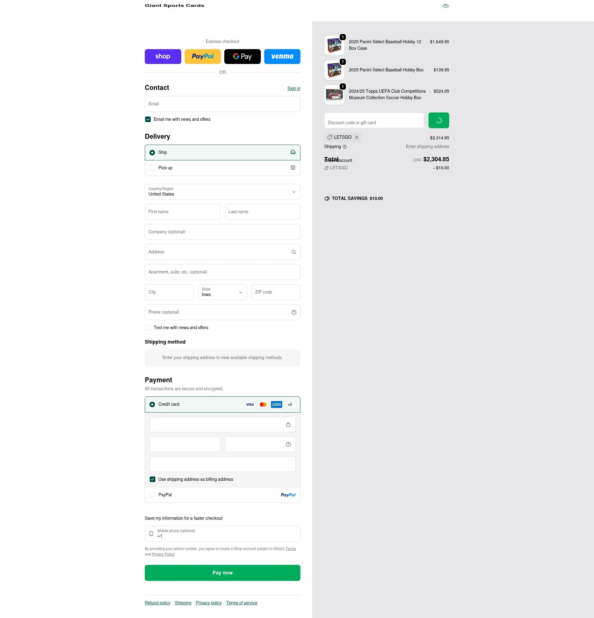 Giant Sports Cards checkout page showing Giant Sports Cards discount code box | Screenshot taken by SimplyCodes community member on Jan 15, 2026