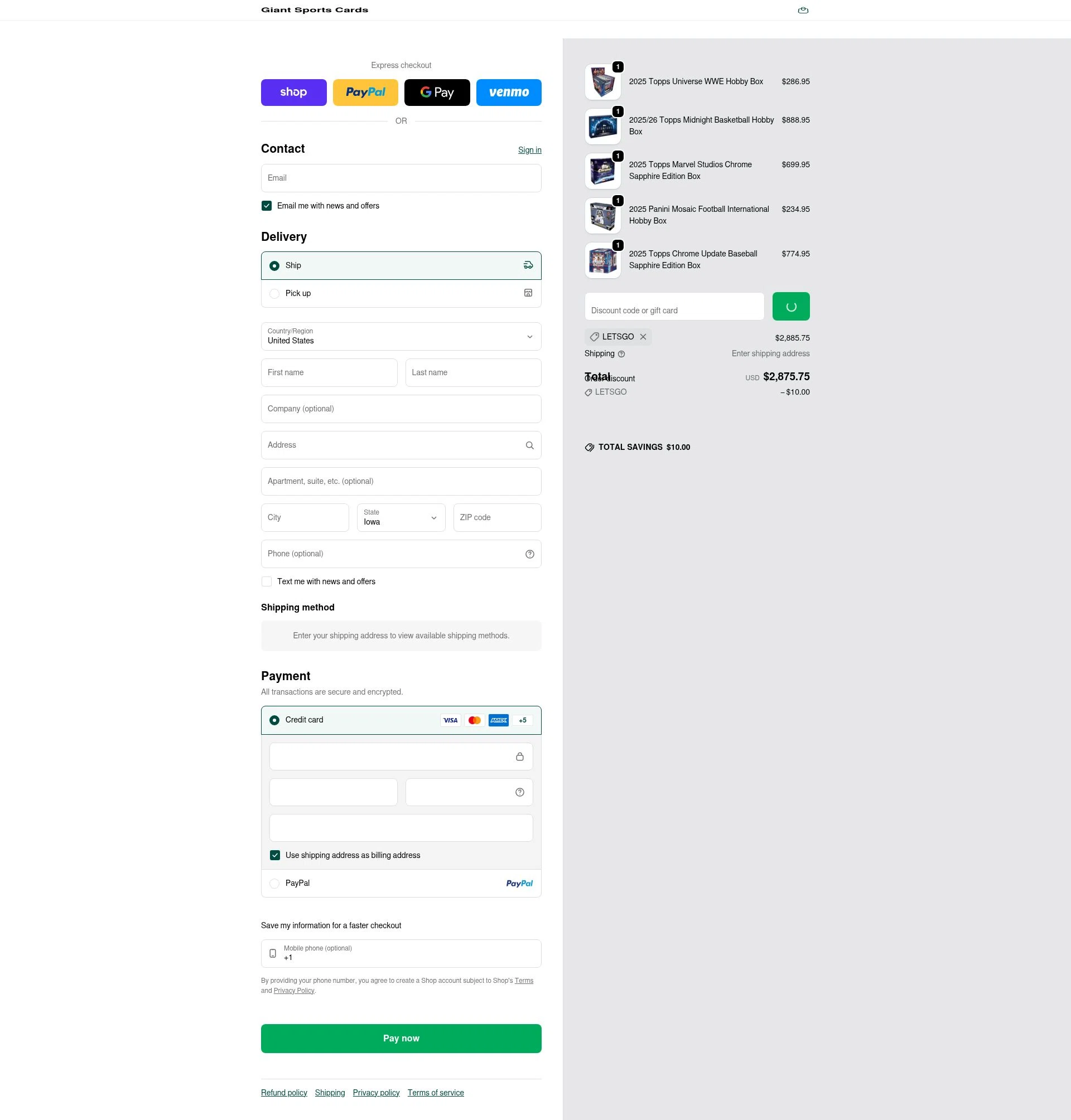 Giant Sports Cards checkout page showing Giant Sports Cards discount code box | Screenshot taken by SimplyCodes community member on Feb 7, 2026