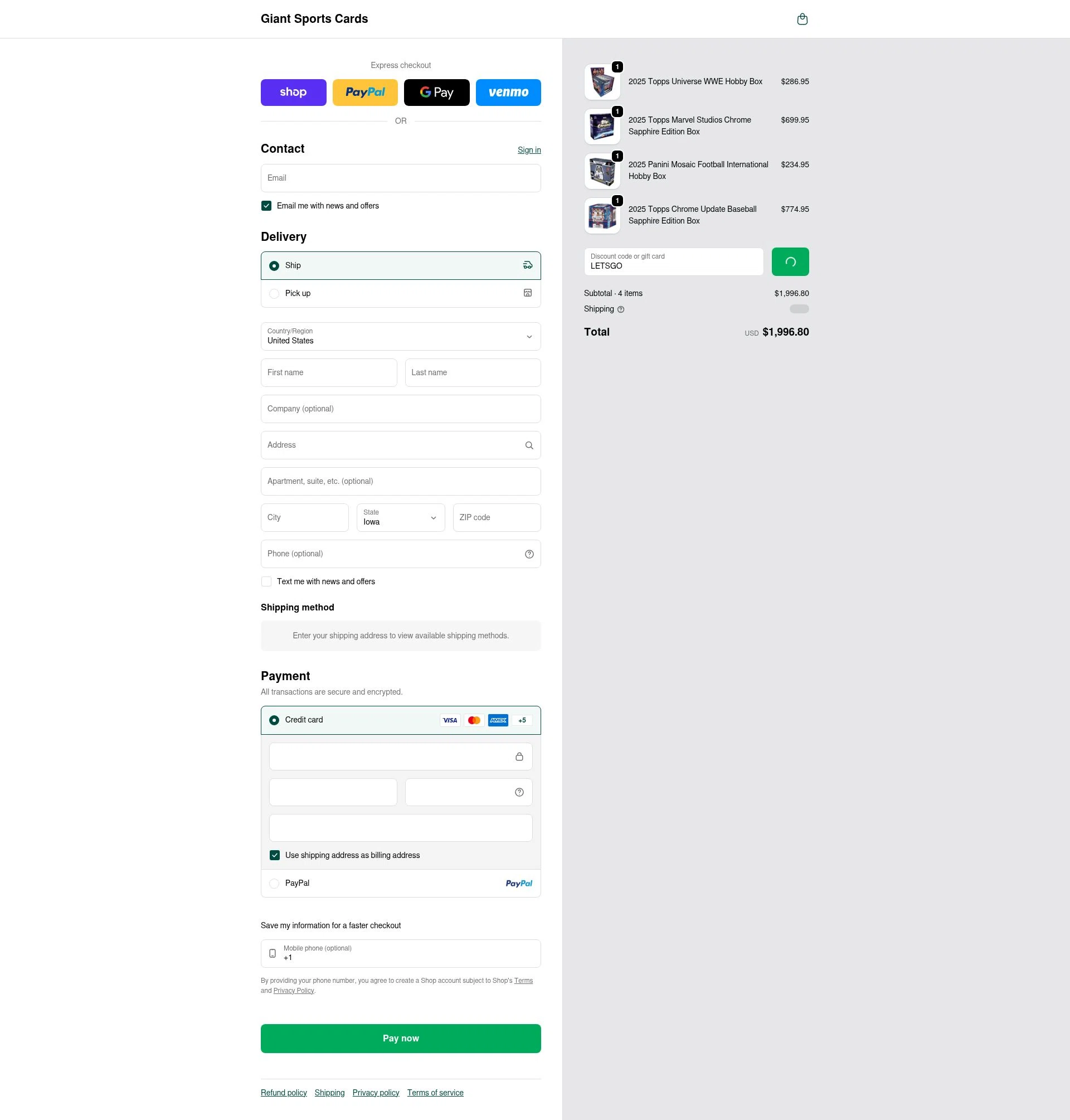 Giant Sports Cards checkout page showing Giant Sports Cards discount code box | Screenshot taken by SimplyCodes community member on Feb 3, 2026