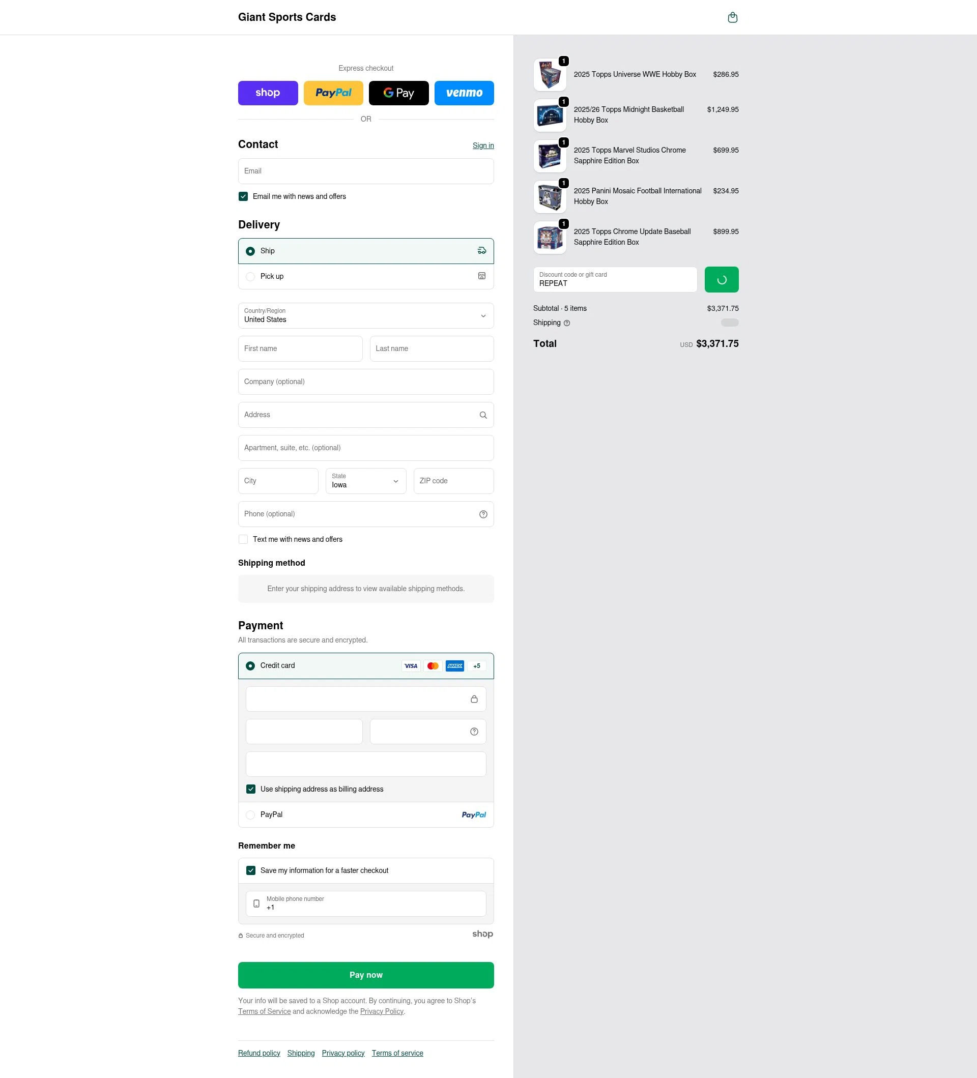 Giant Sports Cards checkout page showing Giant Sports Cards discount code box | Screenshot taken by SimplyCodes community member on Jan 29, 2026