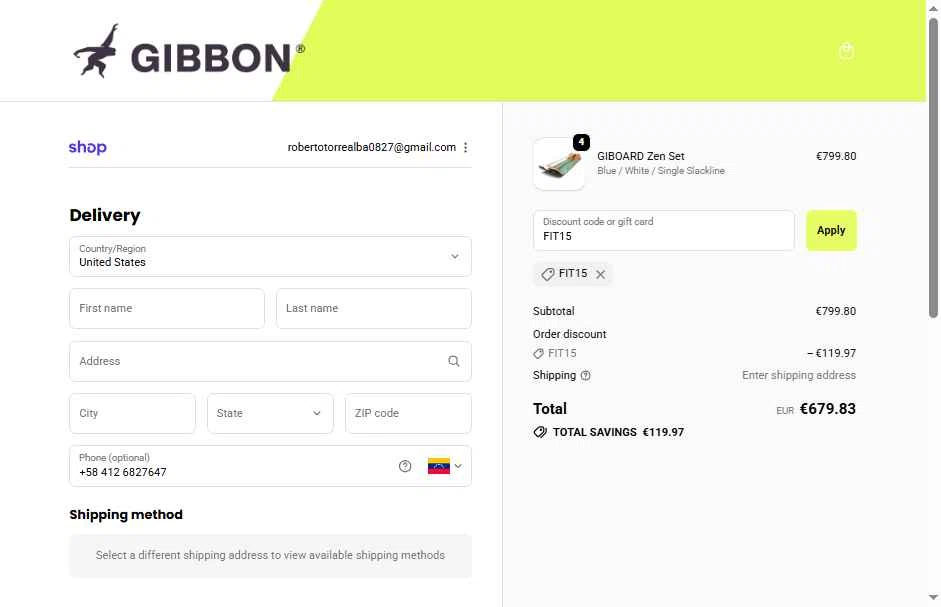 Gibbon Slacklines checkout page showing Gibbon Slacklines promo code box | Screenshot taken by SimplyCodes community member on Nov 7, 2025