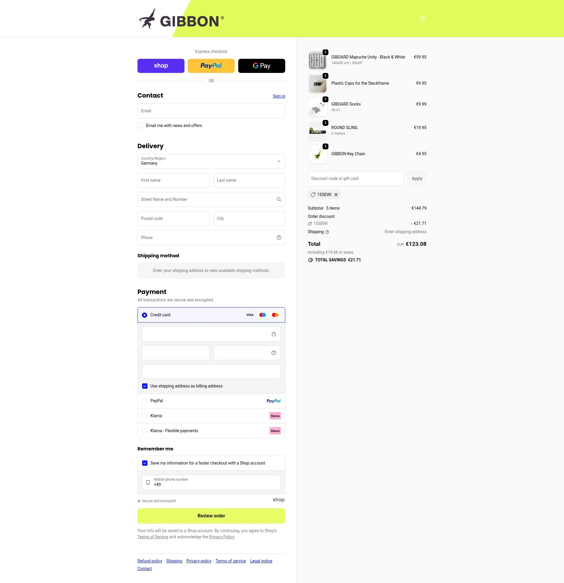 Gibbon Slacklines checkout page showing Gibbon Slacklines promo code box | Screenshot taken by SimplyCodes community member on Nov 8, 2025