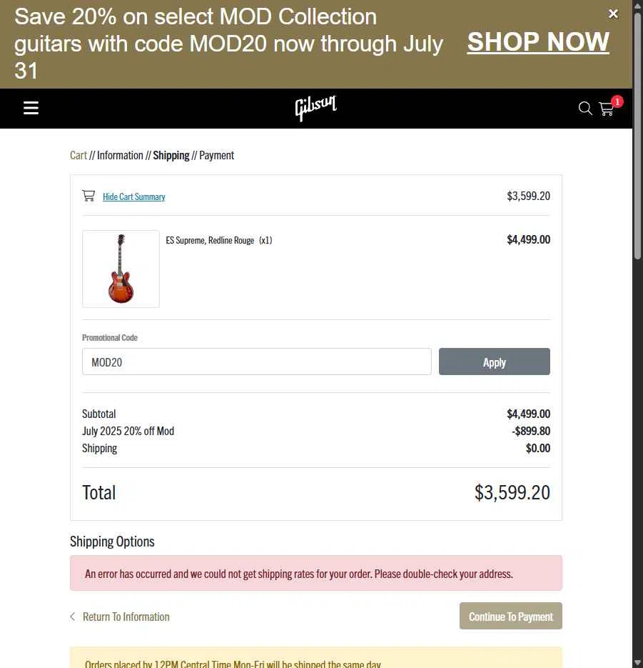 Gibson checkout page showing Gibson promo code box | Screenshot taken by SimplyCodes community member on Jul 26, 2025