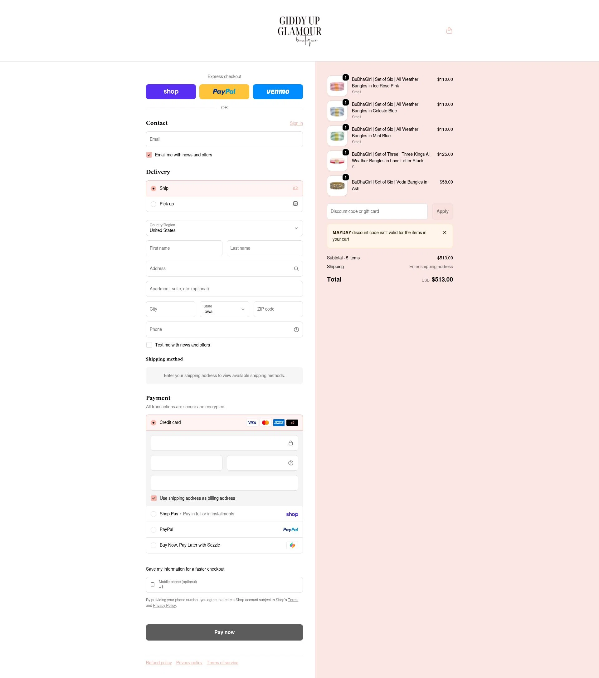 Giddy Up Glamour checkout page showing Giddy Up Glamour coupon code box | Screenshot taken by SimplyCodes community member on Feb 10, 2026