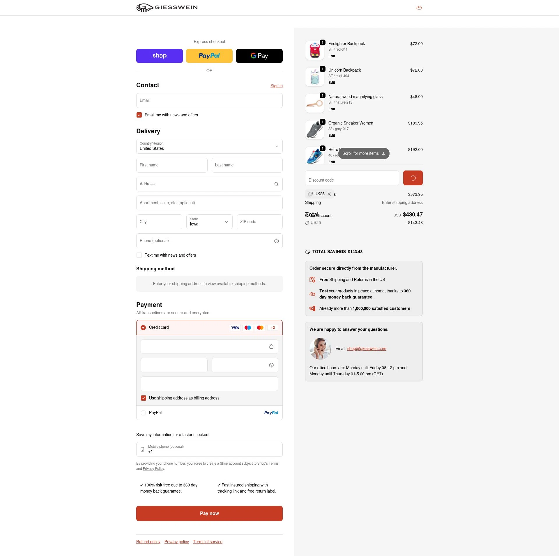 Giesswein checkout page showing Giesswein discount code box | Screenshot taken by SimplyCodes community member on Feb 13, 2026