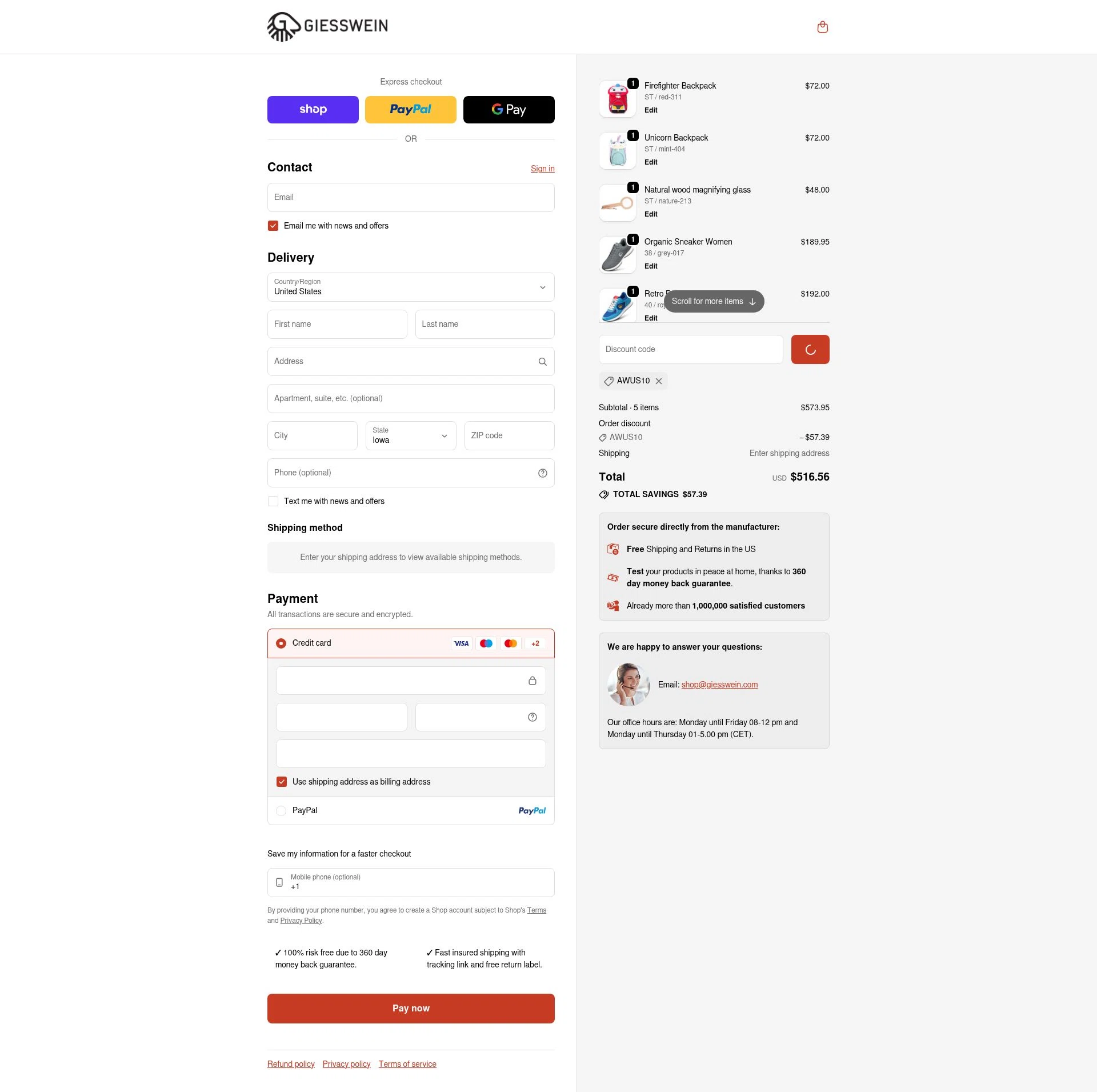 Giesswein checkout page showing Giesswein discount code box | Screenshot taken by SimplyCodes community member on Feb 11, 2026