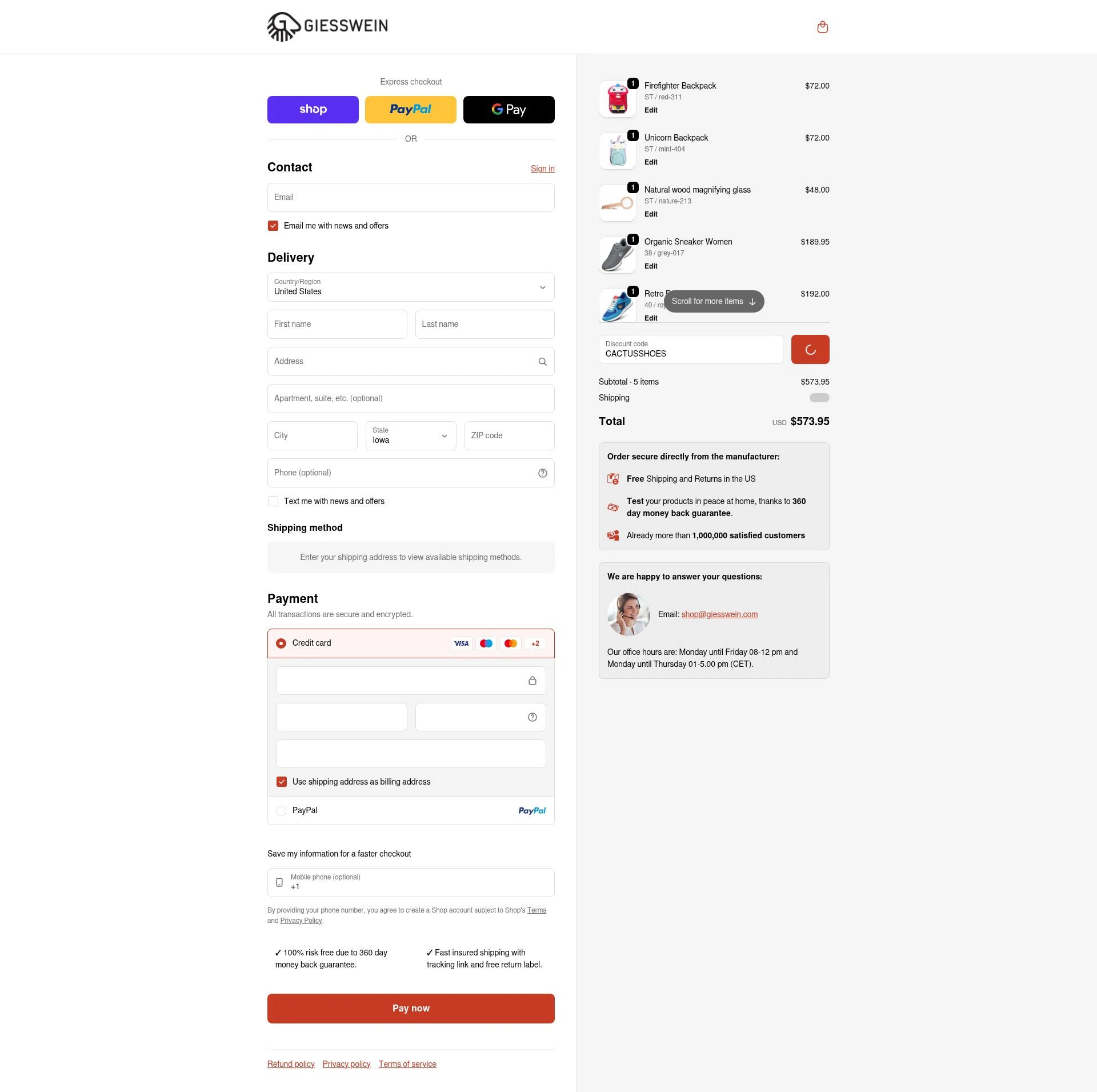 Giesswein checkout page showing Giesswein discount code box | Screenshot taken by SimplyCodes community member on Feb 11, 2026
