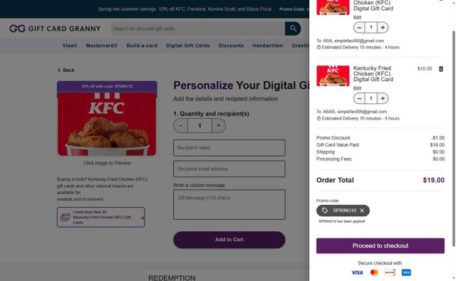 Gift Card Granny checkout page showing Gift Card Granny promo code box | Screenshot taken by SimplyCodes community member on Jul 30, 2025