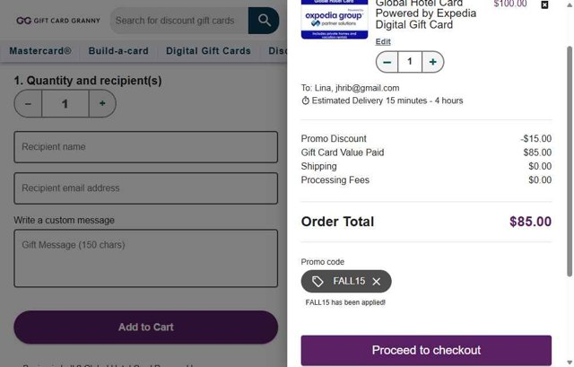 Gift Card Granny checkout page showing Gift Card Granny promo code box | Screenshot taken by SimplyCodes community member on Sep 5, 2025