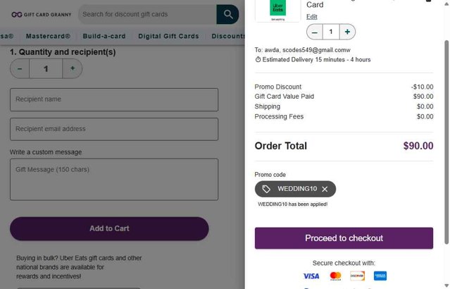 Gift Card Granny checkout page showing Gift Card Granny promo code box | Screenshot taken by SimplyCodes community member on Aug 17, 2025