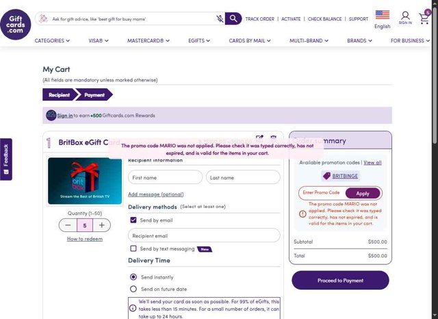 GiftCardMall.com checkout page showing GiftCardMall.com promo code box | Screenshot taken by SimplyCodes community member on Sep 3, 2025