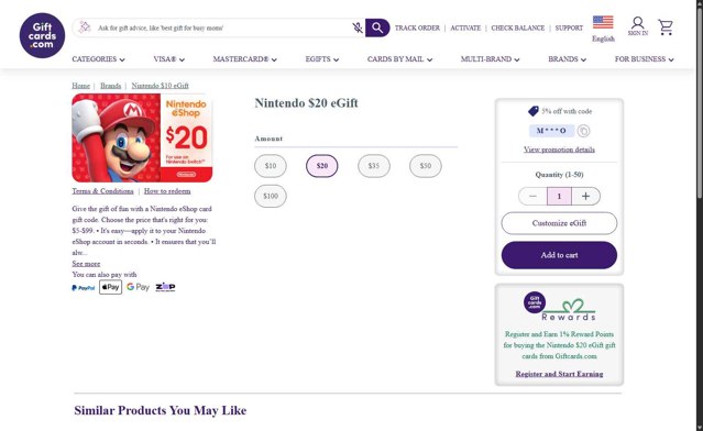 GiftCards.com checkout page showing GiftCards.com promo code box | Screenshot taken by SimplyCodes community member on Aug 20, 2025