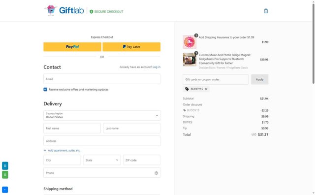 GiftLab checkout page showing GiftLab discount code box | Screenshot taken by SimplyCodes community member on May 17, 2025