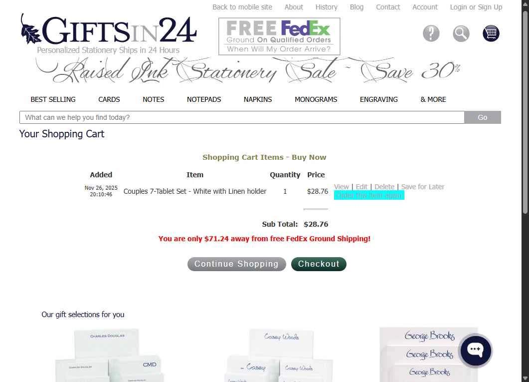 GIFTSin24 checkout page showing GIFTSin24 coupon code box | Screenshot taken by SimplyCodes community member on Nov 27, 2025