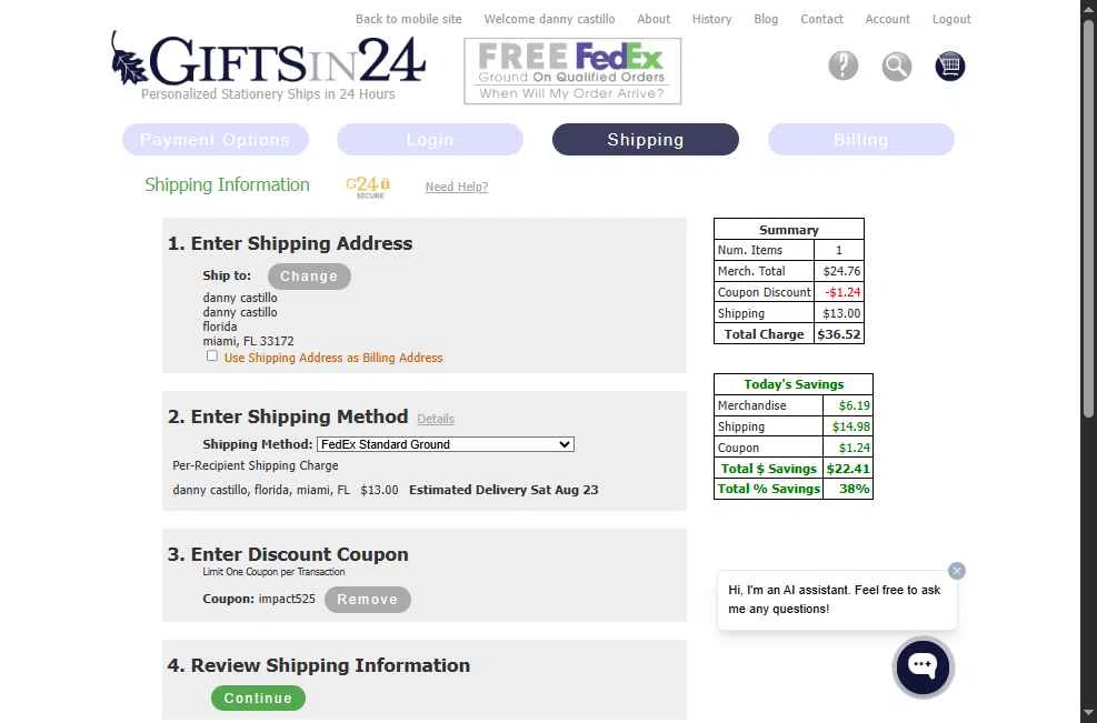 GIFTSin24 checkout page showing GIFTSin24 coupon code box | Screenshot taken by SimplyCodes community member on Aug 15, 2025