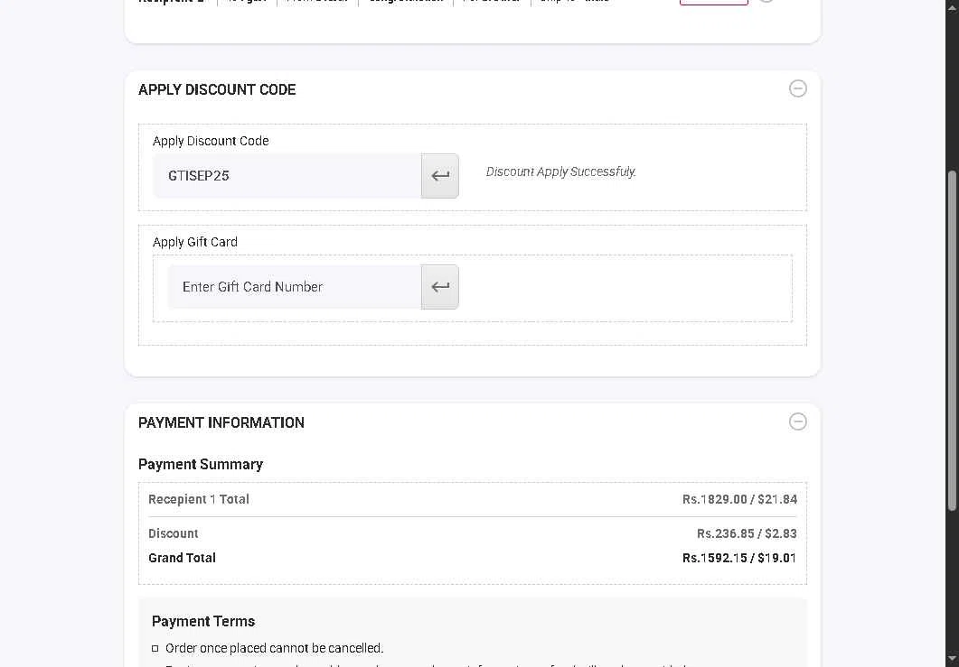 Giftstoindia24x7.com checkout page showing Giftstoindia24x7.com promo code box | Screenshot taken by SimplyCodes community member on Sep 1, 2025