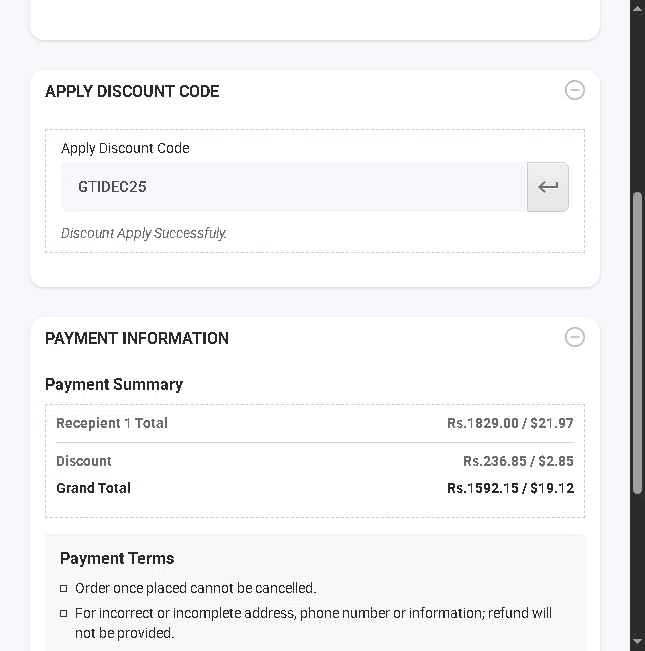 Giftstoindia24x7.com checkout page showing Giftstoindia24x7.com promo code box | Screenshot taken by SimplyCodes community member on Dec 6, 2025