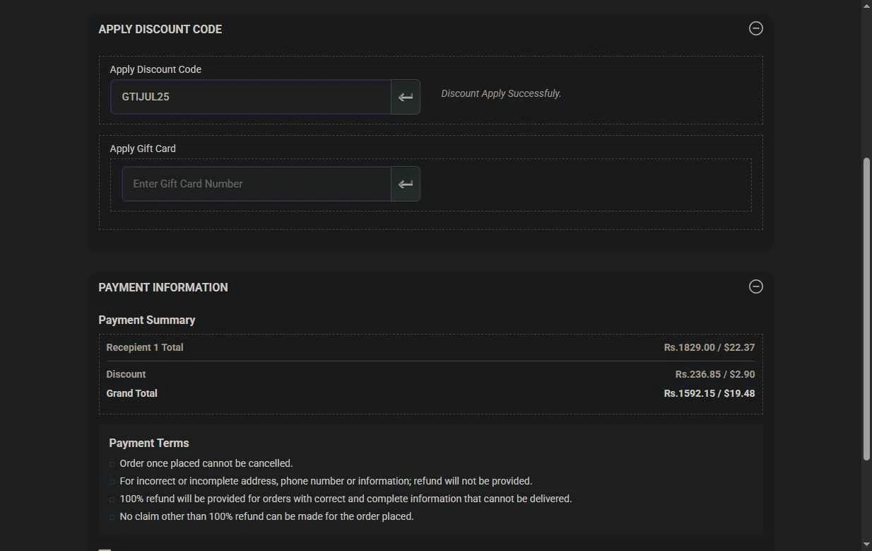 Giftstoindia24x7.com checkout page showing Giftstoindia24x7.com promo code box | Screenshot taken by SimplyCodes community member on Jul 3, 2025