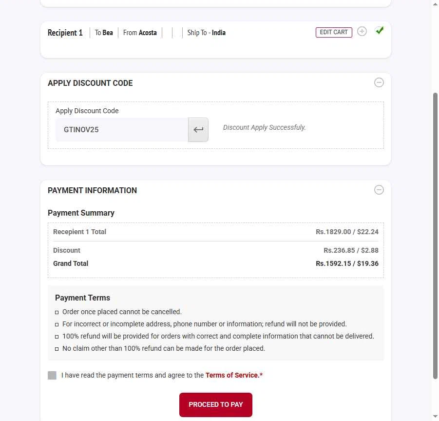Giftstoindia24x7.com checkout page showing Giftstoindia24x7.com promo code box | Screenshot taken by SimplyCodes community member on Nov 6, 2025